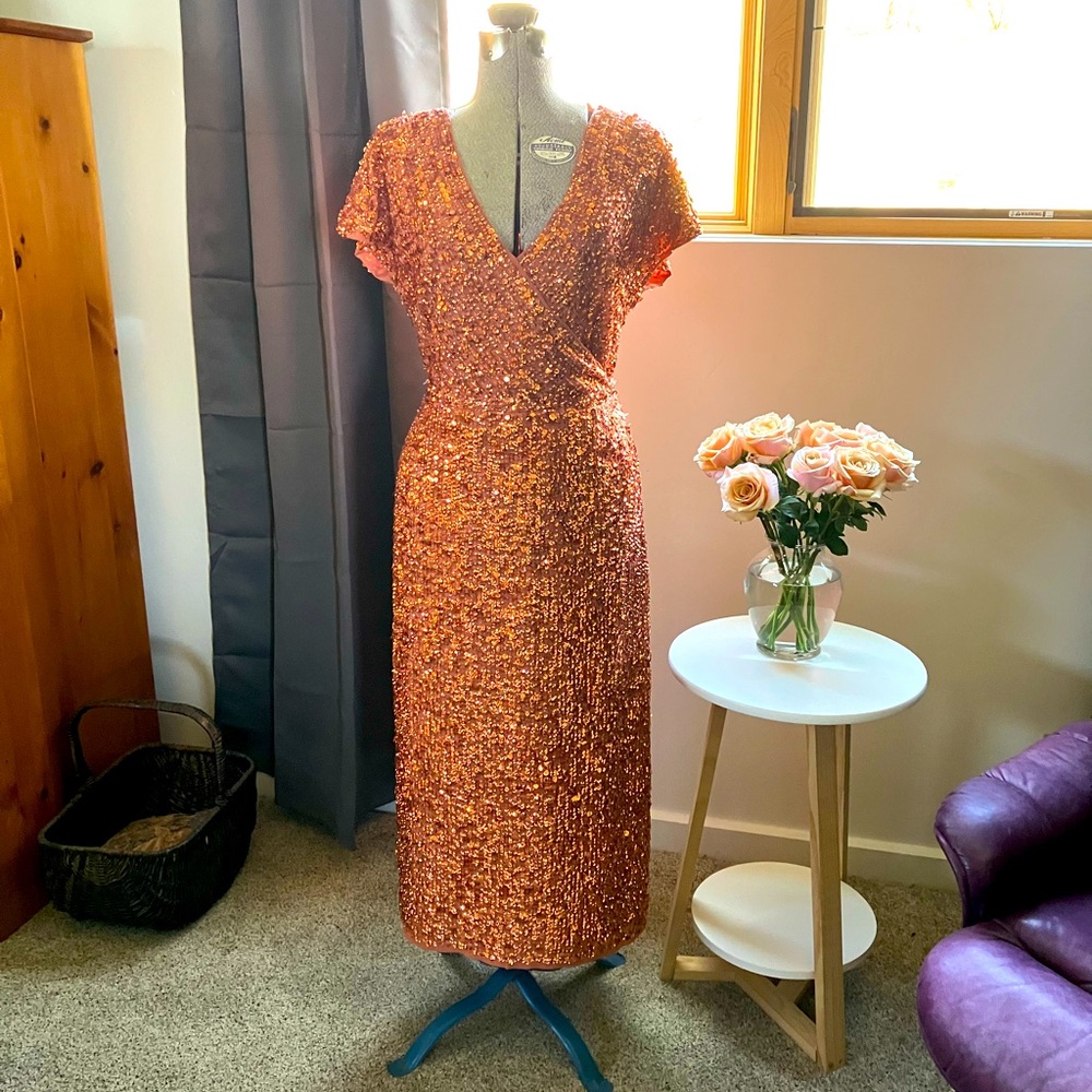 Summer glamour in Mac Duggal faux wrap midi dress.